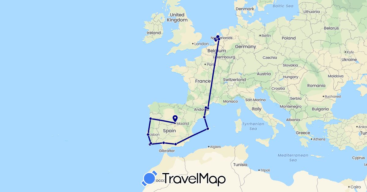 TravelMap itinerary: driving in Spain, France, Netherlands, Portugal (Europe)